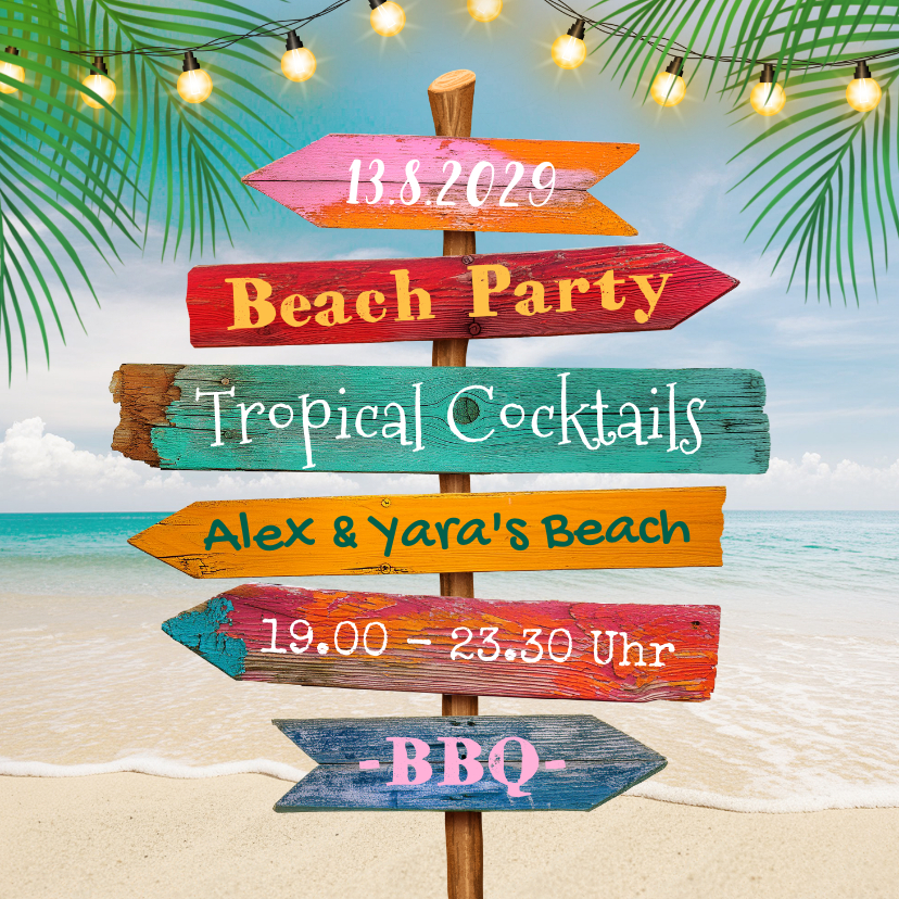 Einladungskarten - Einladung Beachparty bunte Wegweiser mit Strand