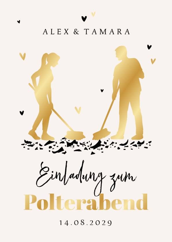 Einladungskarten - Einladung zum Polterabend goldenes Paar mit Besen