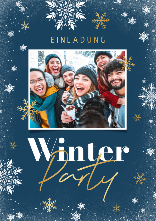 Einladungskarten - Foto-Einladung zur Winterparty Schneeflocken Blau mit Gold