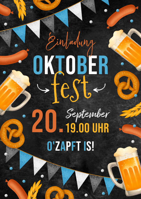 Einladungskarten - Oktoberfest-Einladung Fähnchen, Bier& Brezeln