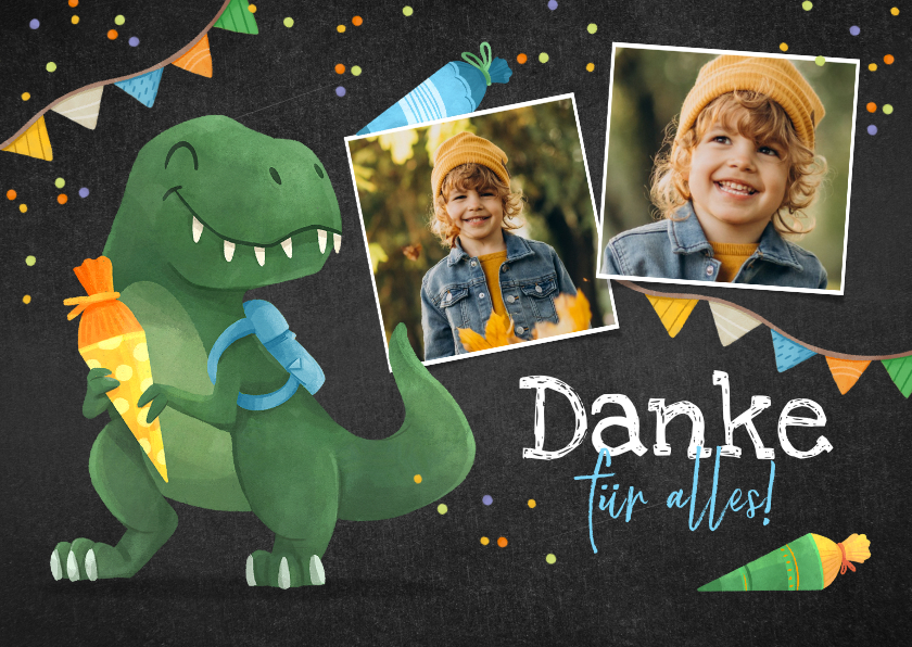 Einschulungskarten - Dankeskarte zur Einschulung lustiger T-Rex & Schultüte