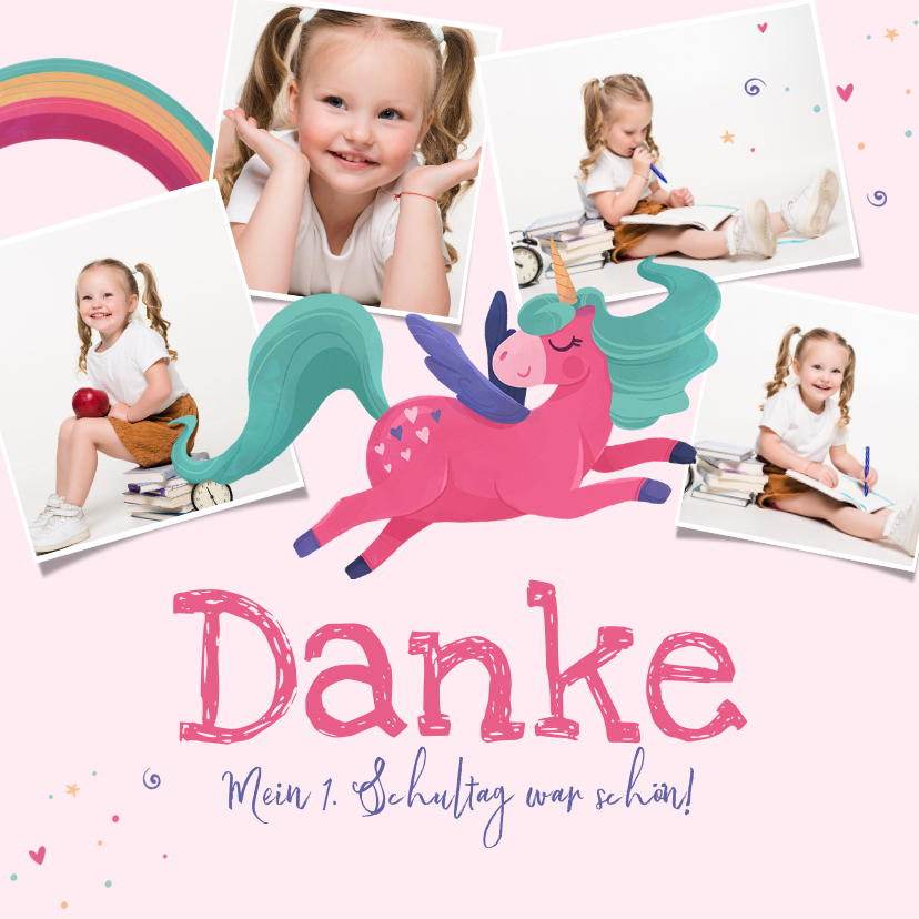 Einschulungskarten - Dankeskarte zur Einschulung Regenbogen & Einhorn