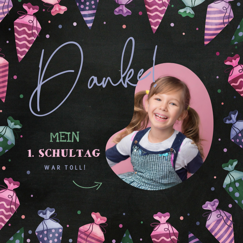 Einschulungskarten - Danksagung Einschulung pinke Schultüte & Foto