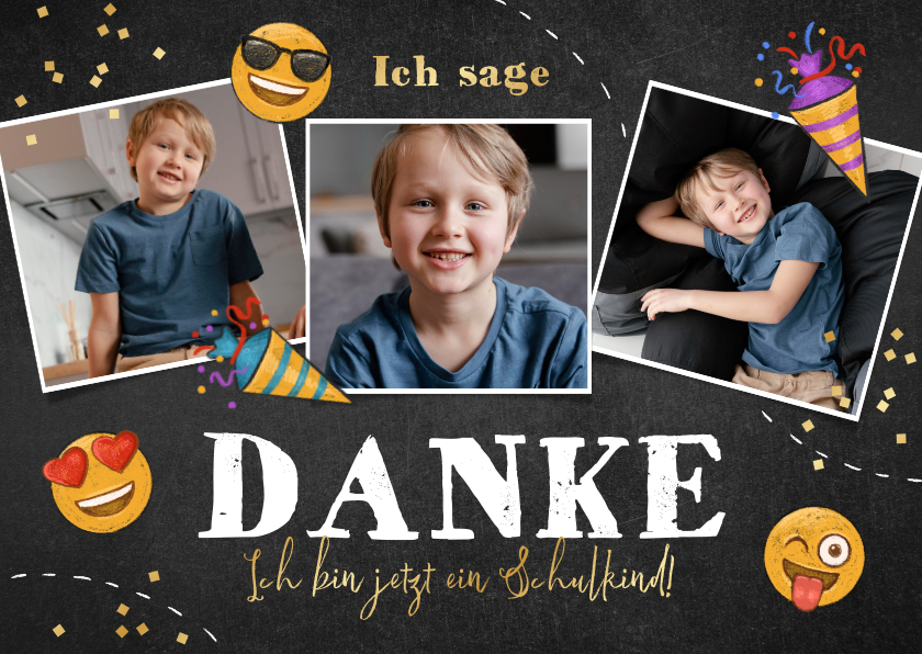 Einschulungskarten - Danksagung zur Einschulung Fotocollage mit Emojis