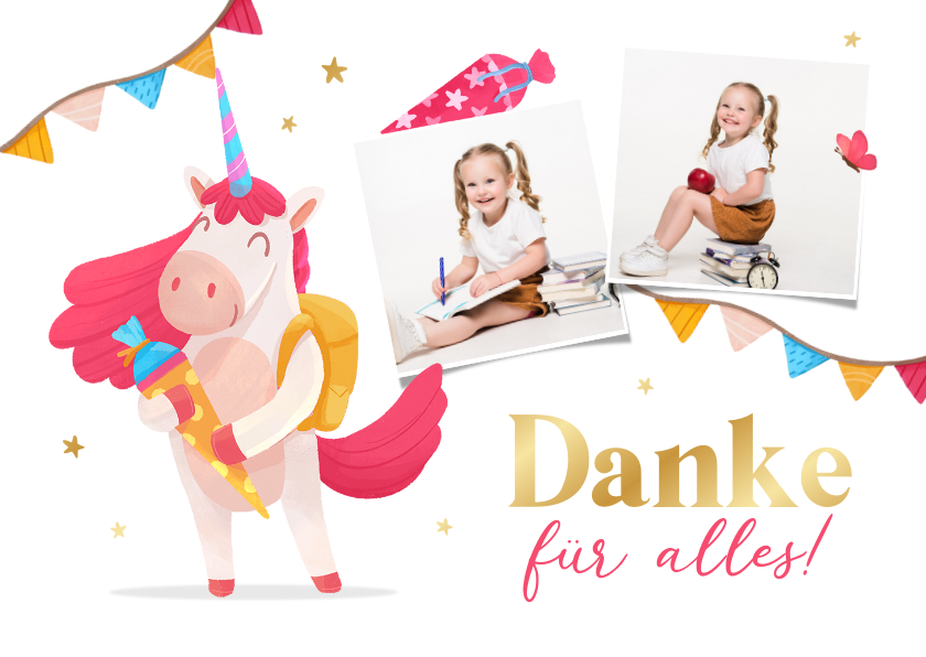 Einschulungskarten - Einschulung Dankeskarte Unicorn mit Schultüte