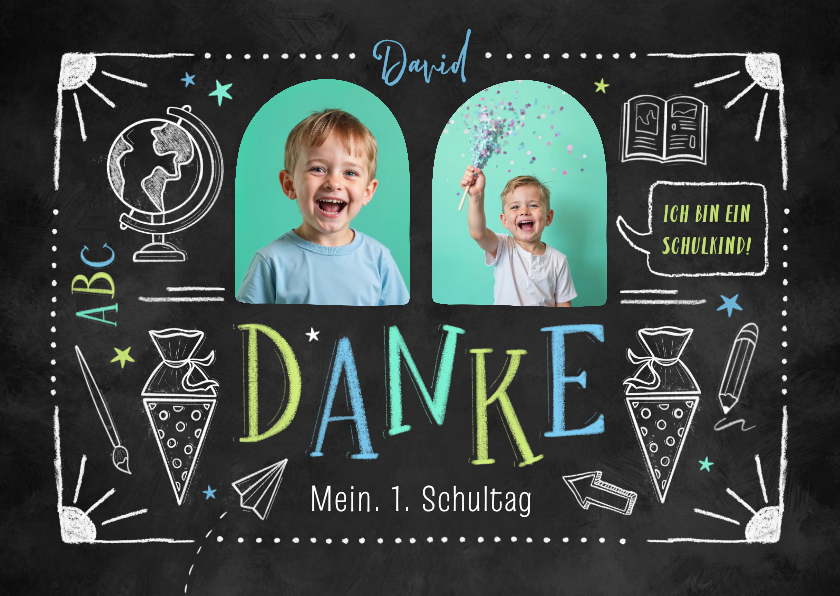 Einschulungskarten - Foto-Dankeskarte Einschulung Kreide Doodles