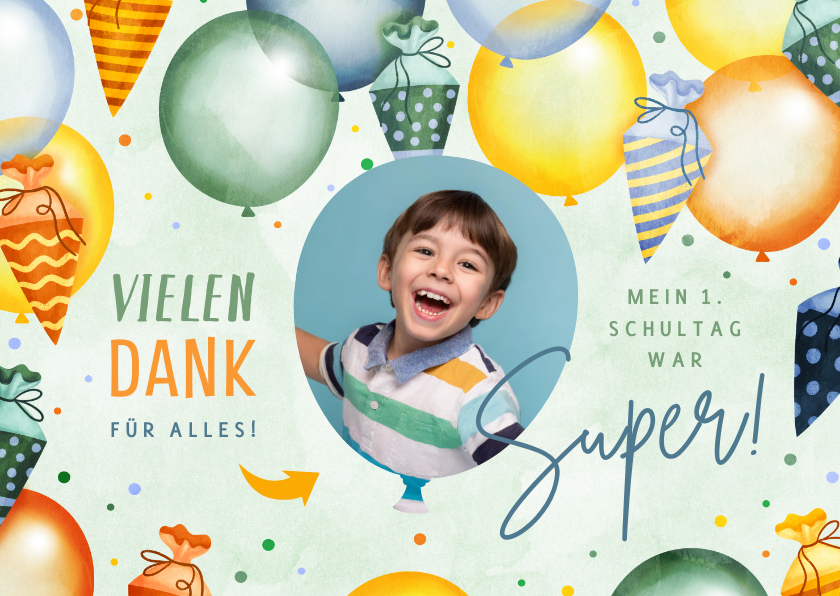 Einschulungskarten - Grüne Dankeskarte zur Einschulung Lufballons & Schultüten