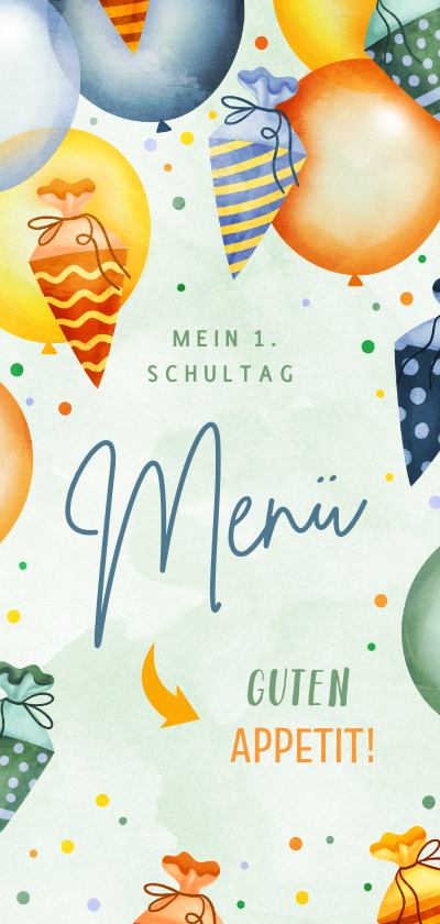 Einschulungskarten - Grüne Menükarte Einschulung Ballons & Schultüten