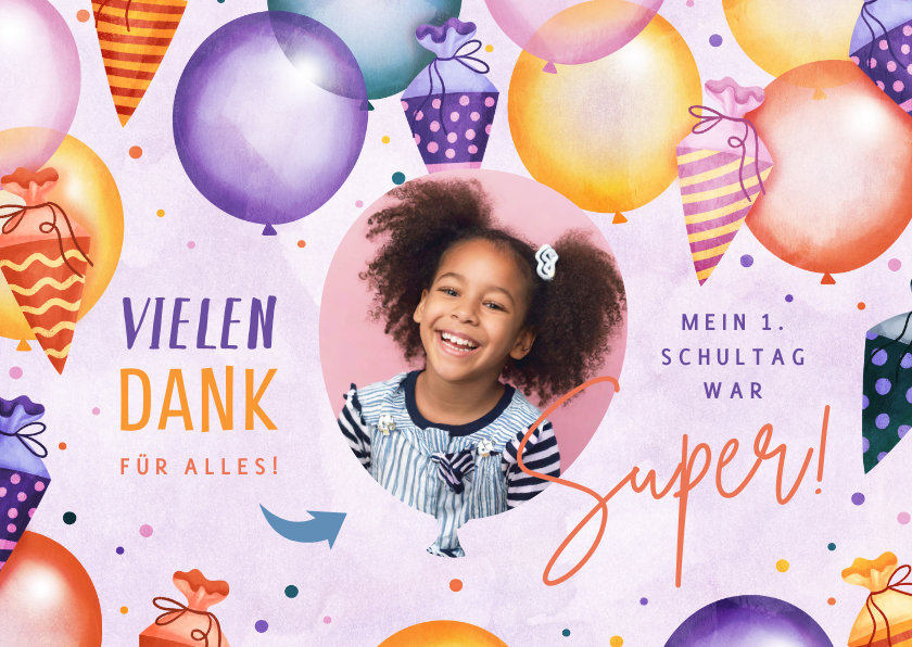 Einschulungskarten - Lila Danksagung zur Einschulung Lufballons & Schultüten