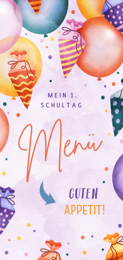 Einschulungskarten - Lila Menükarte Einschulung Ballons & Schultüten