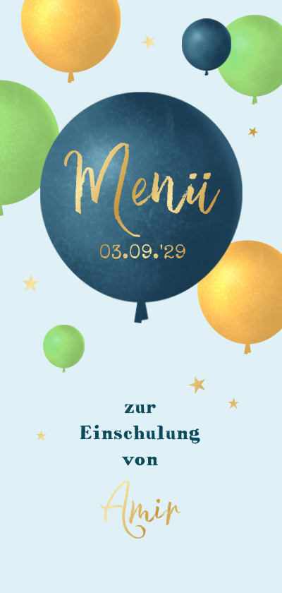 Einschulungskarten - Menükarte Einschulungsfeier Luftballons