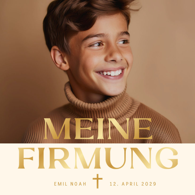 Firmungskarten - Foto-Einladungskarte Firmung Beige Braun Gold