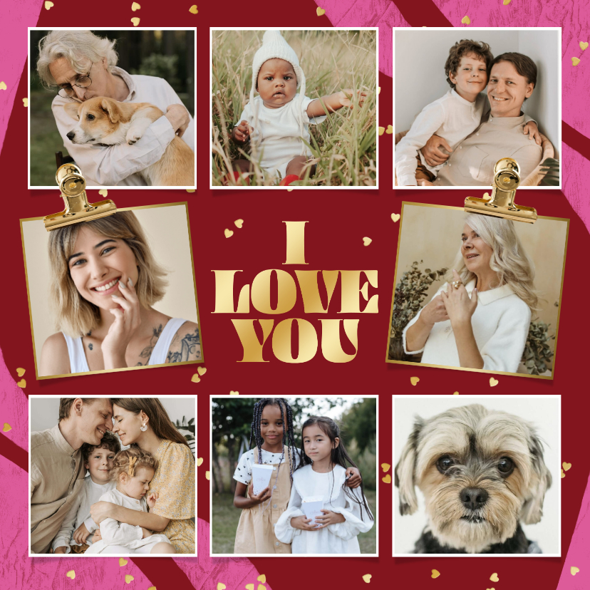 Fotokarten - Fotokarte I love you mit 8 Fotos und goldene Herzen