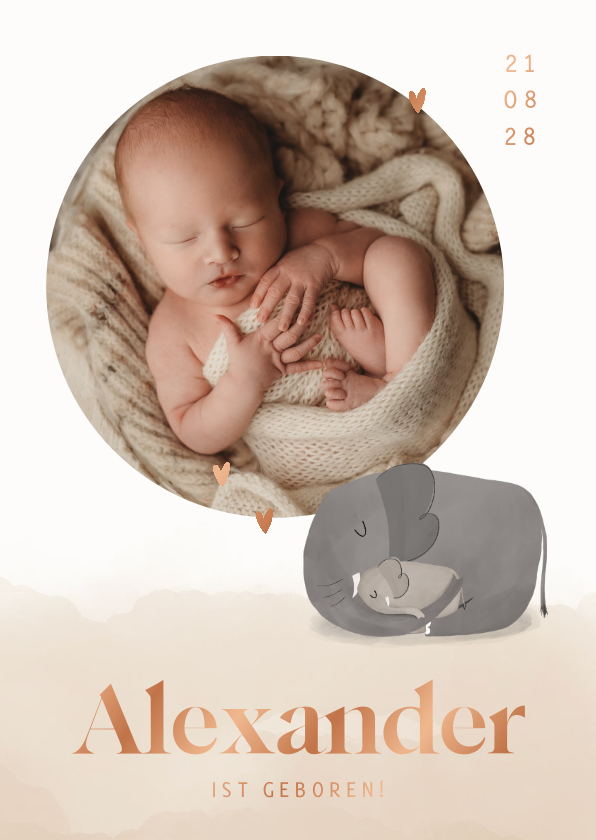 Geburtskarten - Danksagung zur Geburt Elefantenbaby, Kupferdruck & Foto