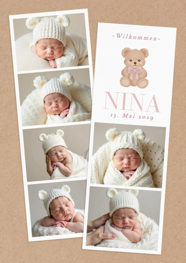 Geburtskarten - Geburtskarte Fotostrips rosa Teddybär