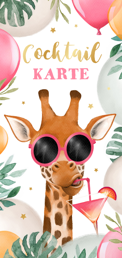 Geburtstagseinladungen - Cocktail-Karte Sommer Giraffe Luftballons 