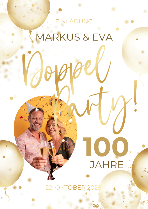 Geburtstagseinladungen - Einladung Doppelparty Foto, Luftballons & Gold