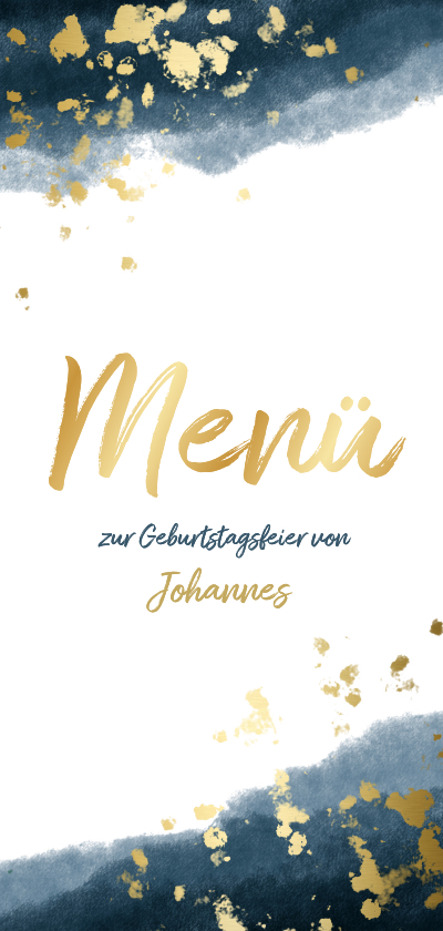 Geburtstagseinladungen - Menükarte Geburtstag dunkelblau Aquarell Goldsprenkel