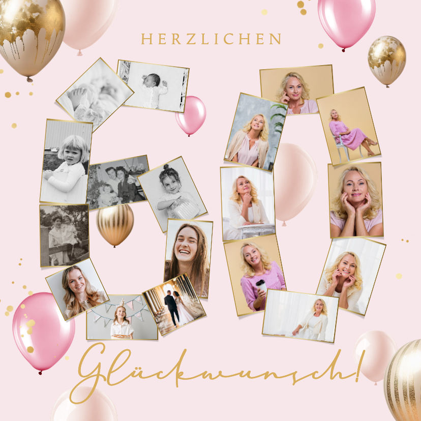 Geburtstagskarten - Foto-Glückwunschkarte 60. Geburtstag Collage in Rosa