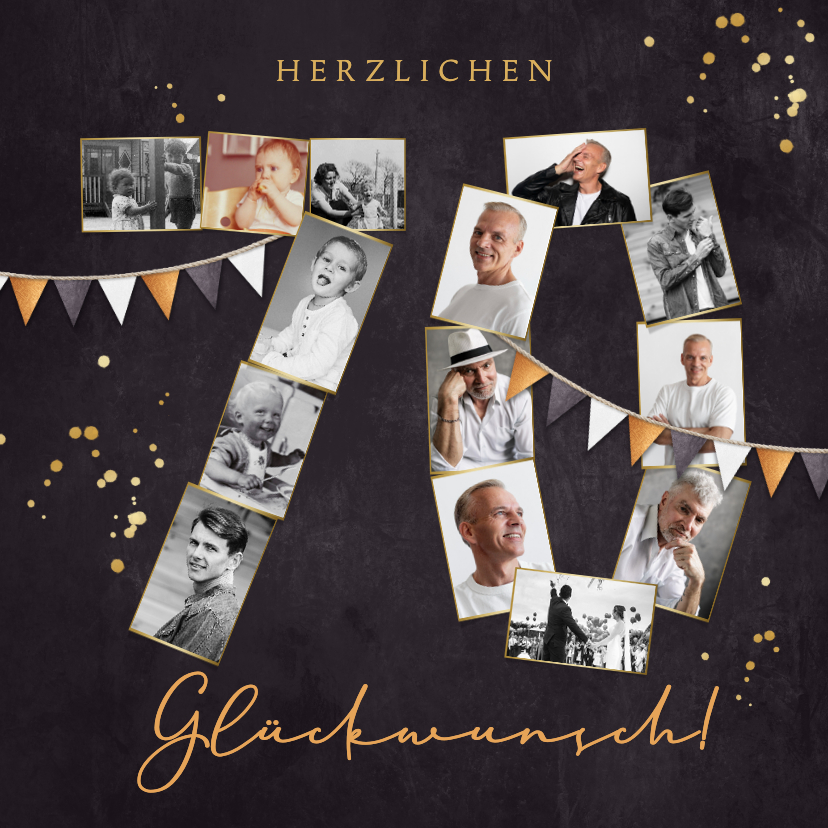 Geburtstagskarten - Fotocollage Glückwunschkarte zum 70. Geburtstag Fähnchen