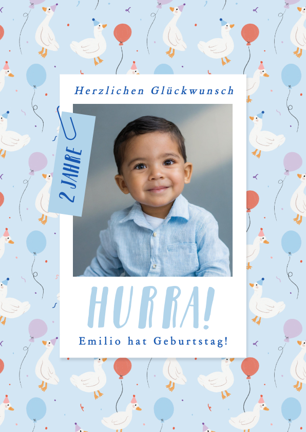 Geburtstagskarten - Geburtstagskarte hellblau Gänse mit Luftballons & Foto