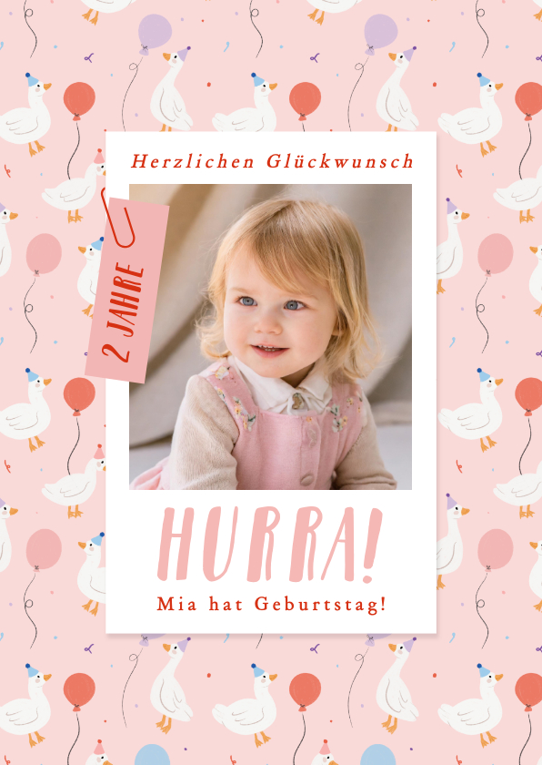 Geburtstagskarten - Geburtstagskarte rosa Gänse mit Luftballons & Foto