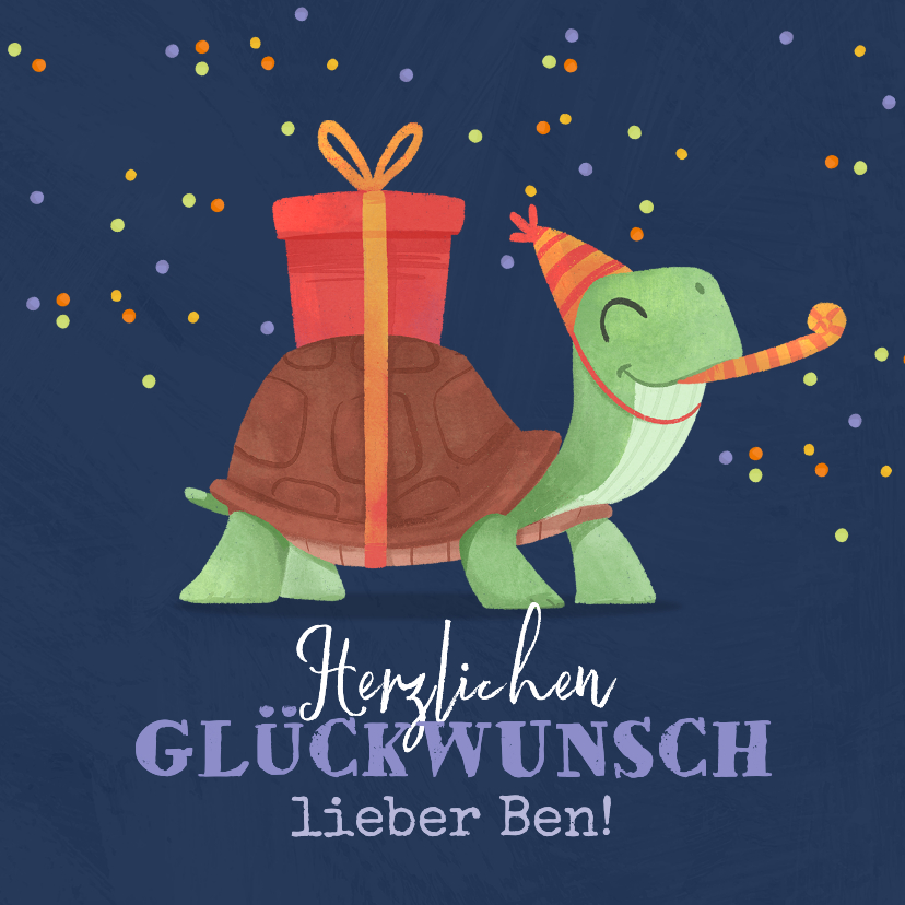 Geburtstagskarten - Geburtstagskarte Schildkröte mit Geschenk und Partyhut