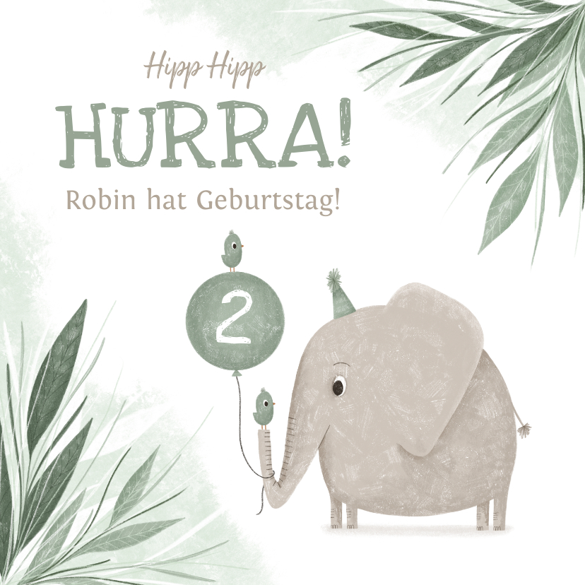 Geburtstagskarten - Glückwunschkarte 2. Geburtstag Elefant mit Luftballon 