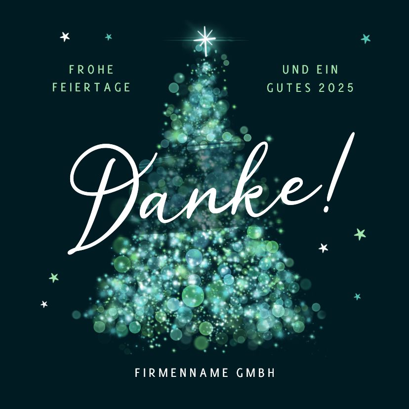 Geschäftliche Weihnachtskarten - Firmen-Dankeskarte Weihnachtsbaum blaugrüne Lichtpunkte