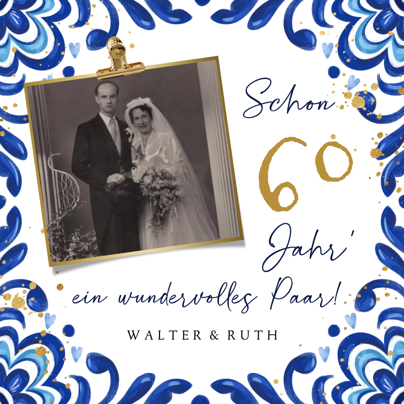 Glückwunschkarten - Foto-Glückwunschkarte Diamantene Hochzeit blaue Ornamente