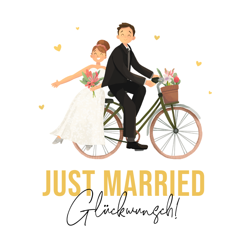 Glückwunschkarten - Glückwunschkarte 'Just married' Brautpaar auf Fahrrad