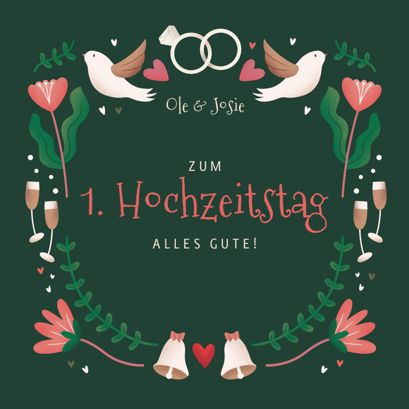 Glückwunschkarten - Glückwunschkarte zum 1. Hochzeitstag Blumen & Ringe