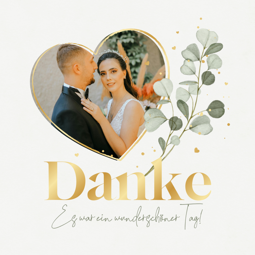 Hochzeitskarten - Dankeskarte Hochzeit Eukalyptuszweige, Foto & Gold