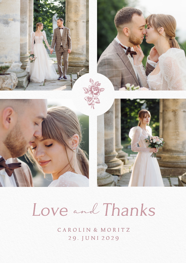 Hochzeitskarten - Dankeskarte Hochzeit Fotocollage romantische Rosen rosa