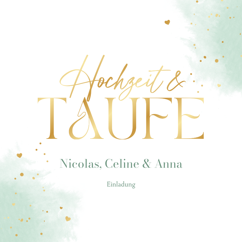 Hochzeitskarten - Einladung Hochzeit/Taufe mintgrünes Aquarell & Goldherzchen
