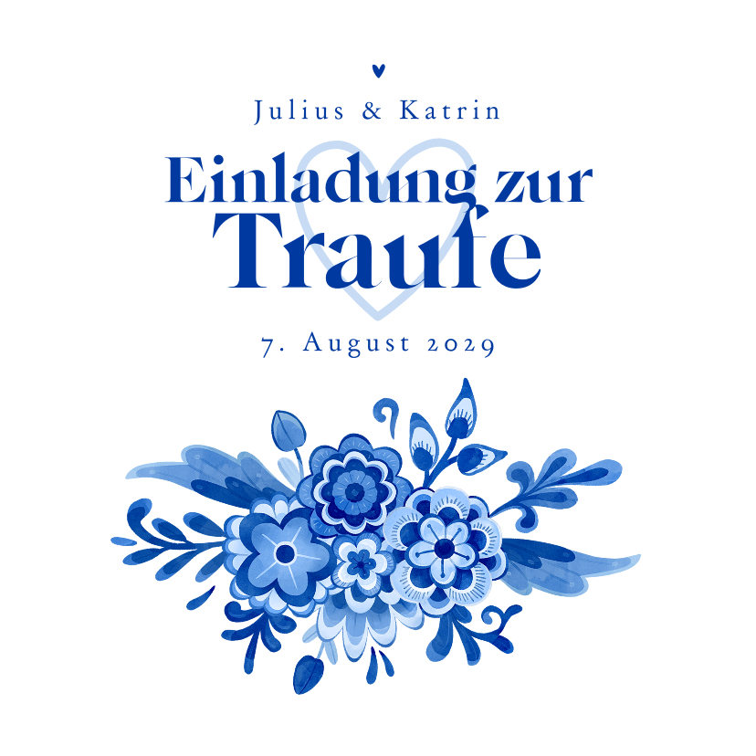 Hochzeitskarten - Einladung zur Traufe Delfter Blau Blumendekor