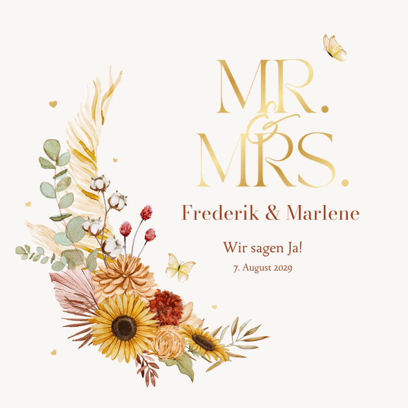 Hochzeitskarten - Einladungskarte Hochzeit Sommerblumen & Gold