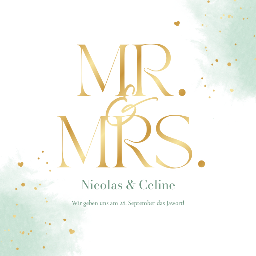 Hochzeitskarten - Einladungskarte mintgrünes Aquarell & Goldherzchen