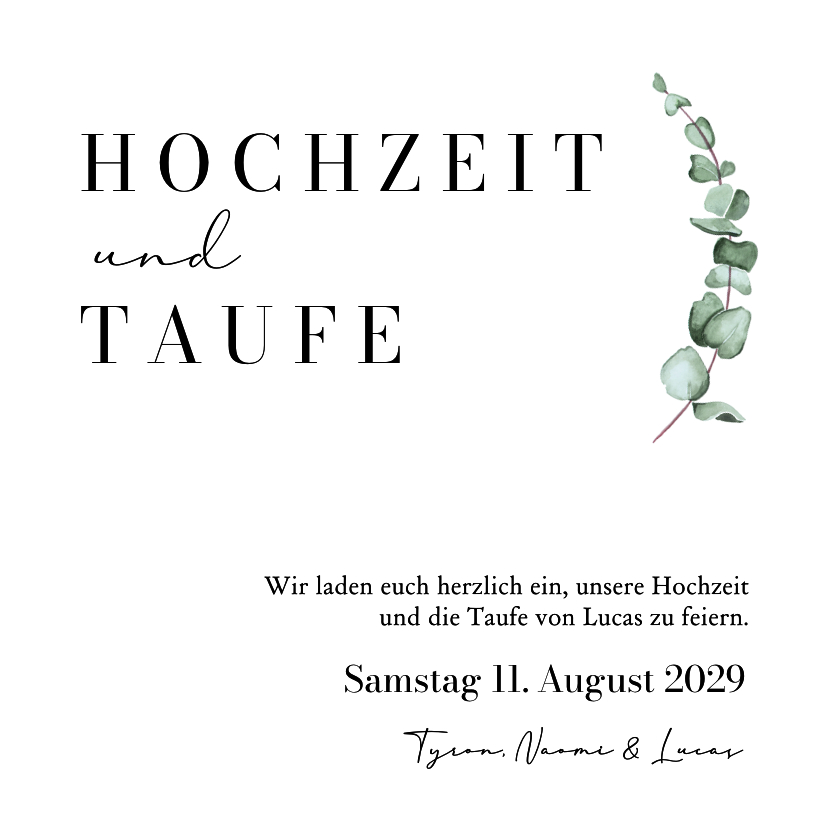 Hochzeitskarten - Einladungskarte Traufe Eukalyptuszweig elegant Aquarell