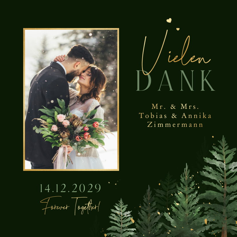 Hochzeitskarten - Foto-Dankeskarte Hochzeit Tannenbäume Winterwald