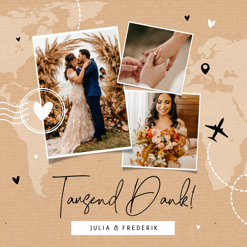 Hochzeitskarten - Hochzeits-Dankeskarte Kraftpapier Fotocollage Weltreise