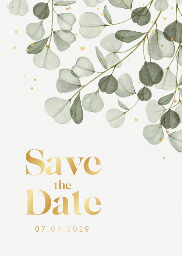 Hochzeitskarten - Save-The-Date-Karte Eukalyptuszweige & Gold