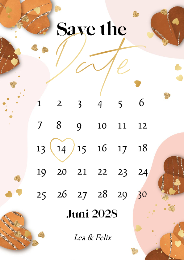 Hochzeitskarten - Save-the-Date-Karte Kalender Herzchen Goldstreifen