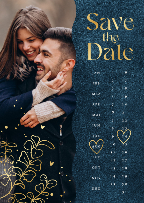 Hochzeitskarten - Save-The-Date-Karte Kalender Hochzeitstermin Goldblätter
