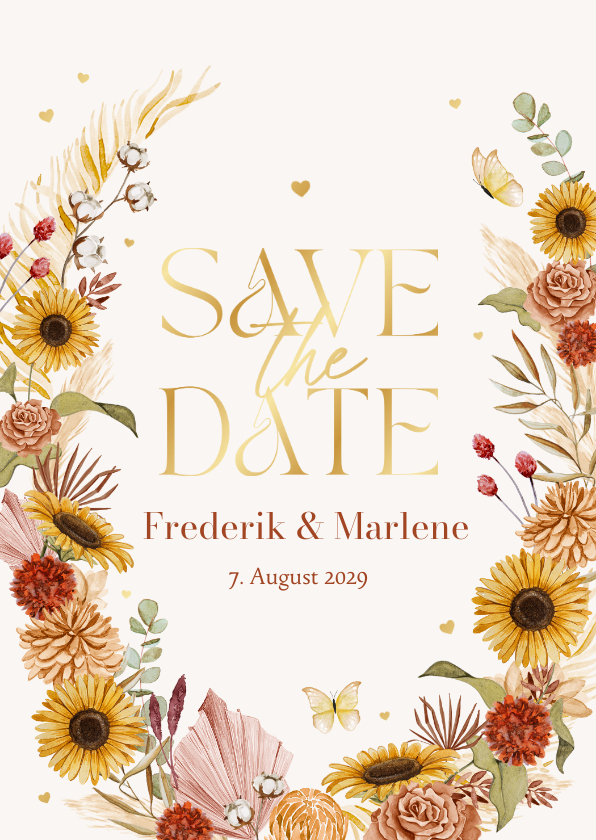 Hochzeitskarten - Save-The-Date-Karte Sommerblumen & Gold