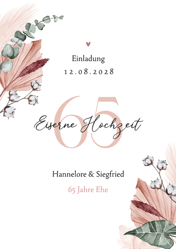 Jubiläumskarten - Einladungskarte Eiserne Hochzeit Blätterdekor