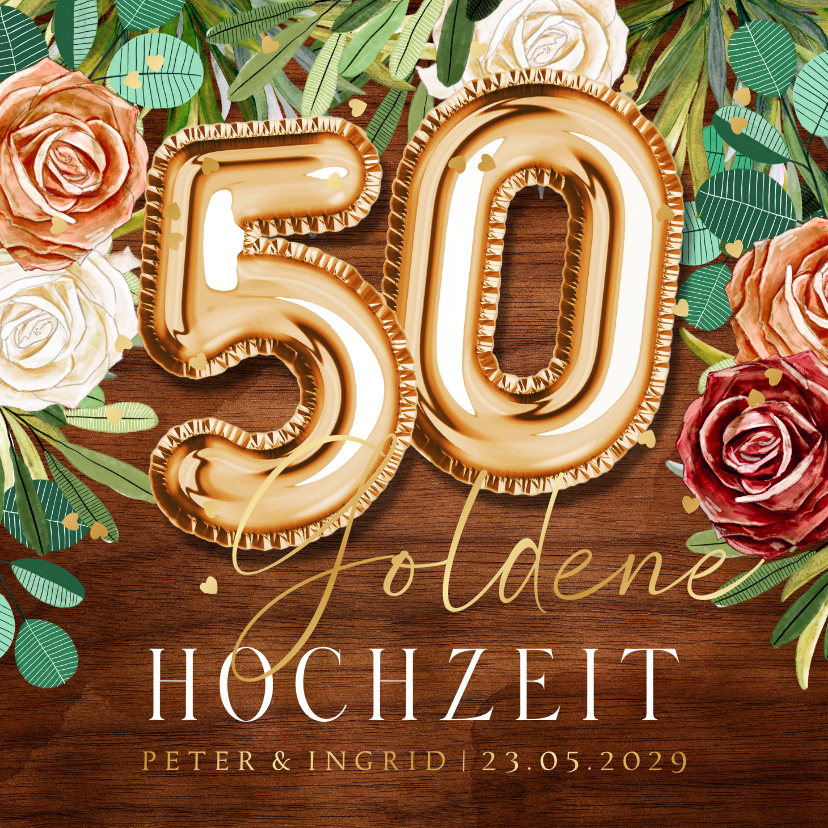 Jubiläumskarten - Goldene Hochzeit Einladung Rosen & Goldballons
