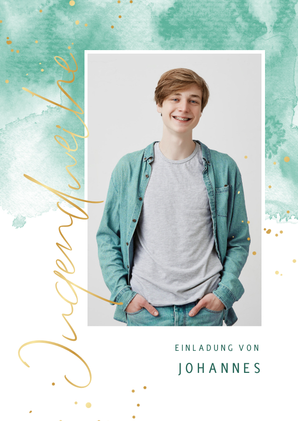 Jugendweihekarten - Einladungskarte Jugendweihe mintgrünes Aquarell & Foto