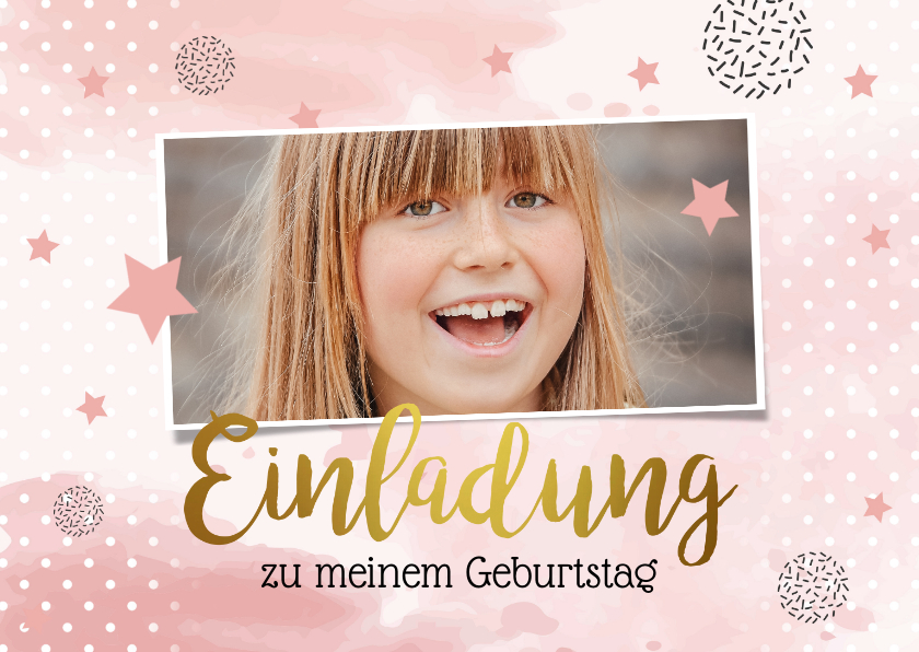 Kindergeburtstag - 10. Kindergeburtstag Einladung mit rosa Sternchen und Foto