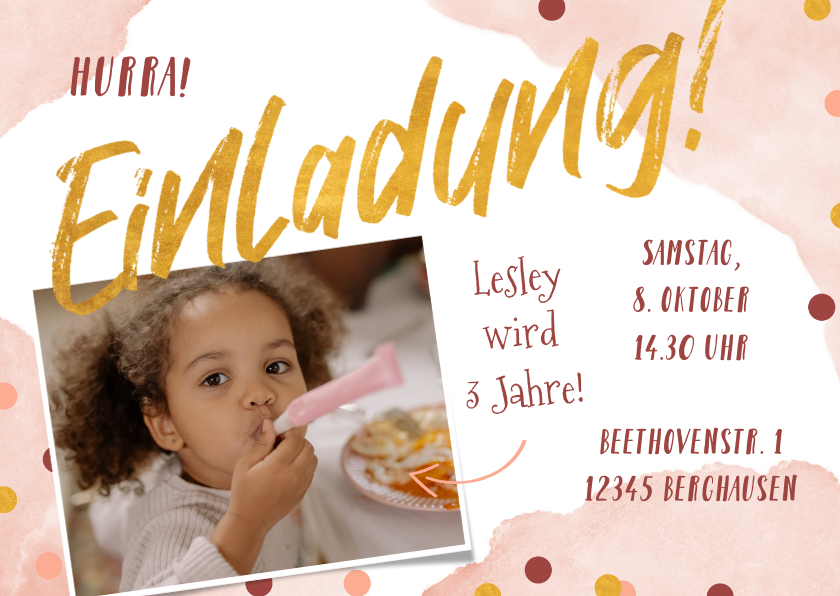 Kindergeburtstag - 3. Kindergeburtstag Konfetti rosa & Foto Einladung